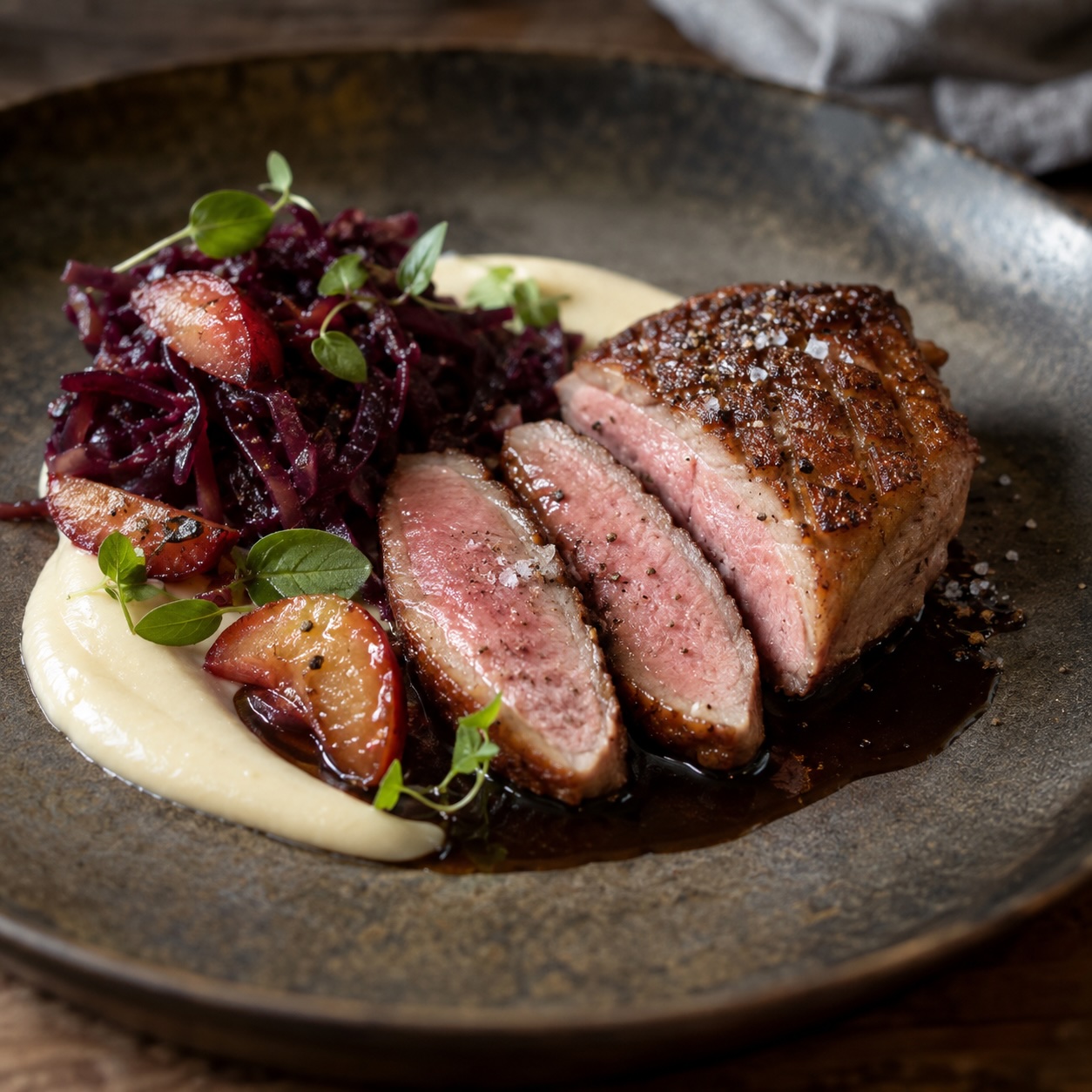Entenbrust Sous-vide mit Sellerie, Rotkraut und Zwetschke